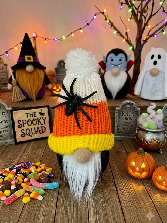 Hand Crafted Other - Halloween Spider Candy Corn Gnome | Handmade Fall Décor | Spooky Autumn Décor